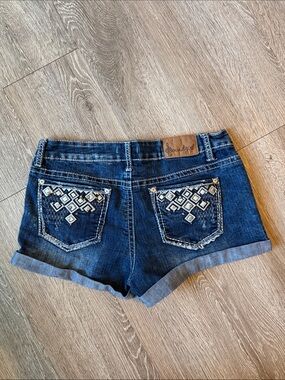 Soundgirl Dark Blue Denim Shorts with White Embroidered Back y2k bling